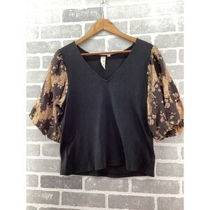 Dolan Left Coast Collection Black V-Neck Top Tan Floral Lace Puff Sleeve XL